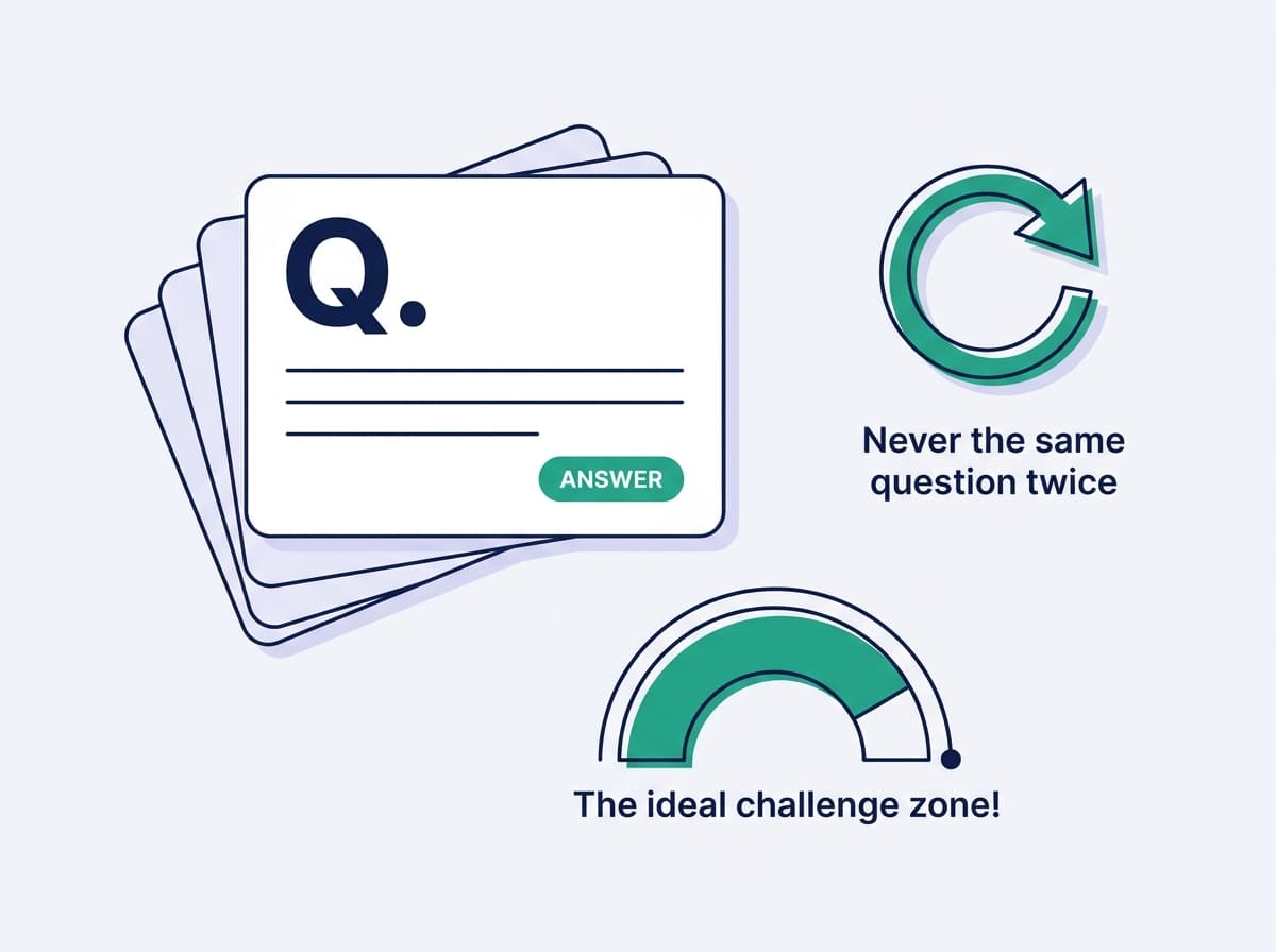 Fresh questions every session, tuned to the ideal challenge zone