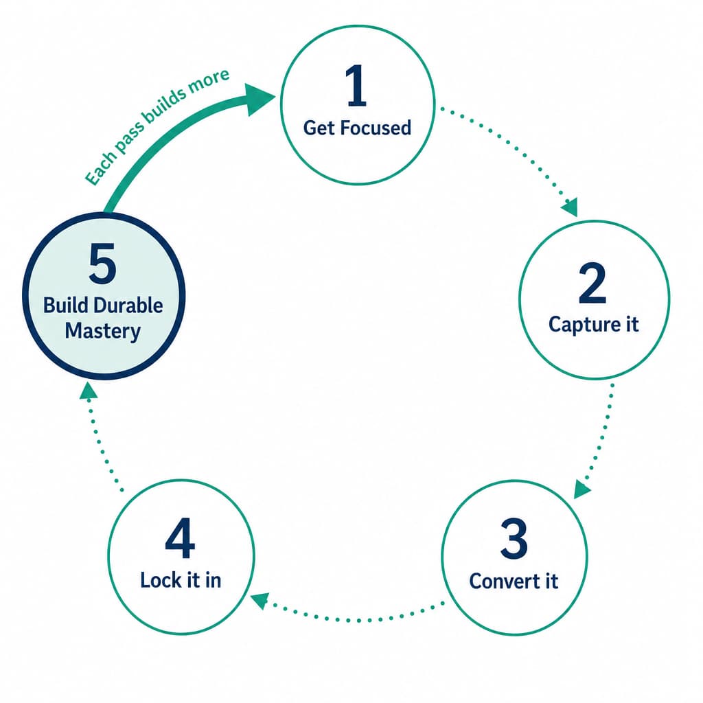 The Durable Learning Loop: Get Focused, Capture it, Convert it, Lock it in, Build Durable Mastery — each pass builds more